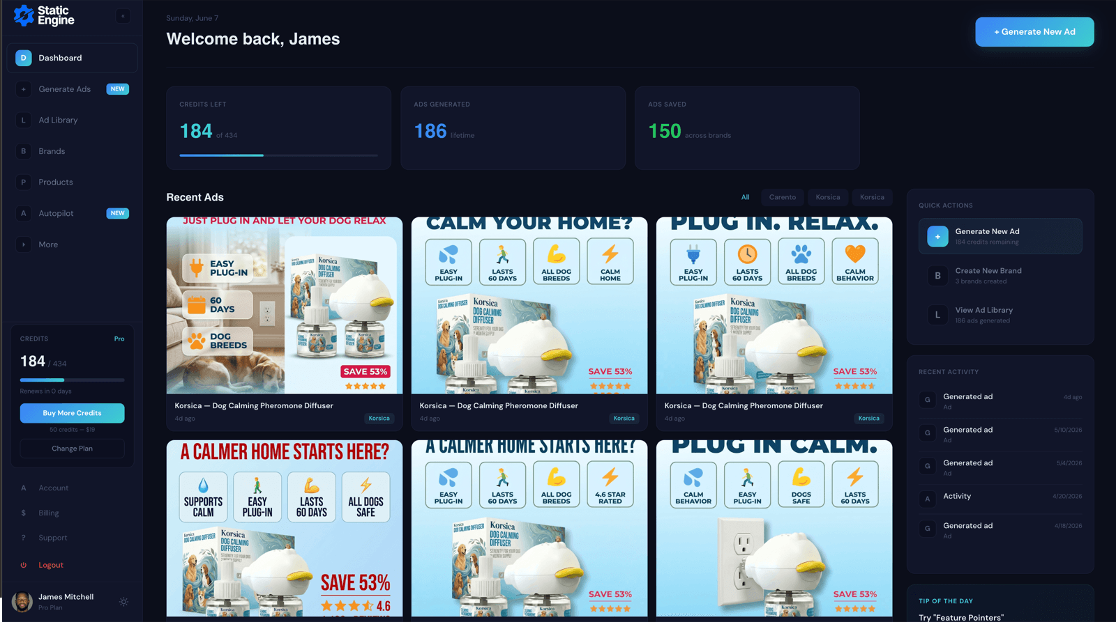 Static Engine — dashboard with recent AI-generated ad creatives